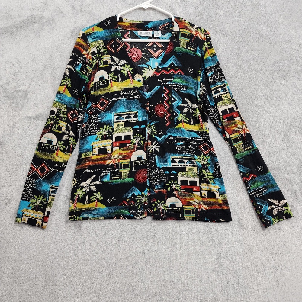 Vintage Chico's Travelers Jacket Womens 0 2/S Black Tropical Village Stretch